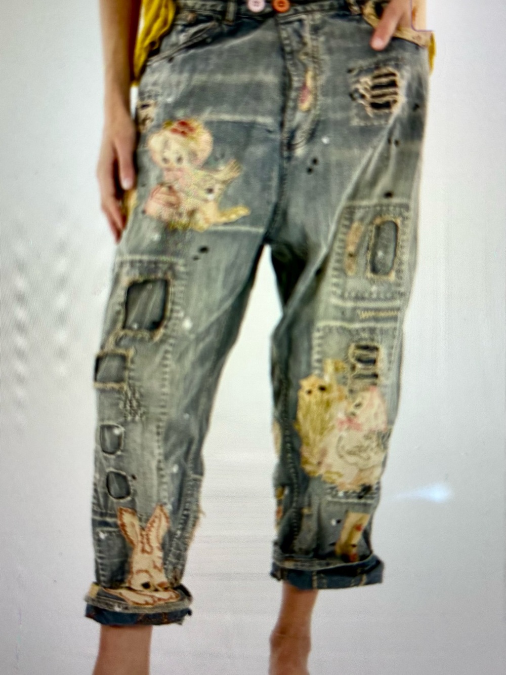 Magnolia Pearl Distressed Gray Relaxed Jeans with Whimsical Embroidery
